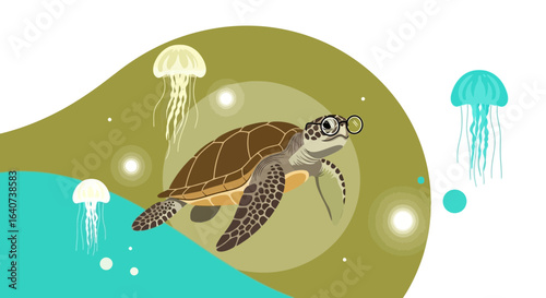 Cartoon sea turtle wearing glasses swimming amidst jellyfish in the ocean waters illustration