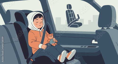 Child safety and vehicle travel showing a young child safely secured in car seat