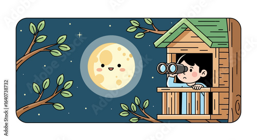 Childhood Exploration Stargazing From A Whimsical Treehouse Under Moonlight