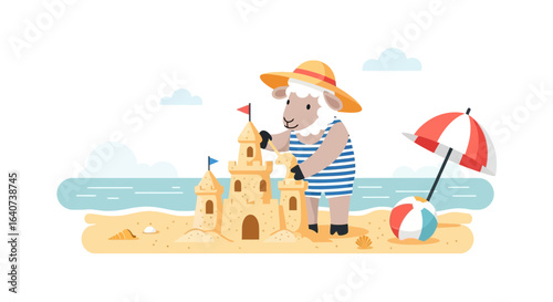 Cartoon sheep building a sandcastle on the beach, enjoying a fun summer vacation near the ocean