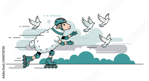 Cartoon Sheep On Roller Skates Chasing Pigeons Having Fun Outdoors Activity