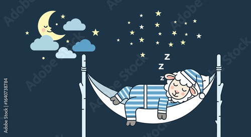 Cartoon sheep sleeping peacefully in a hammock under a starry night sky illustration
