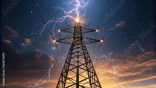 Power transmission lines with lightning strikes energy electricity electrical storm high voltage tower