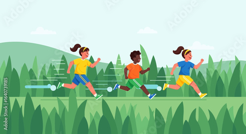 Children running outdoors race showing healthy lifestyle and physical activity