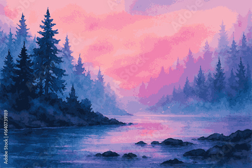 Watercolor Painting of a Forest Lake at Sunset with Vibrant Pink Sky