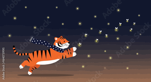 Cartoon tiger wearing a scarf chasing fireflies at night in a whimsical illustration evokes a sense of wonder and playfulness