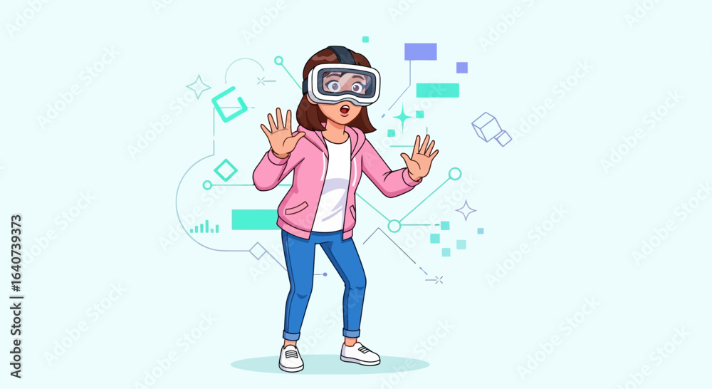 Cartoon woman experiencing virtual reality with headset and surprised expression on her face with digital background Cartoon woman experiencing virtual reality with headset and surprised expression on her face with digital background
