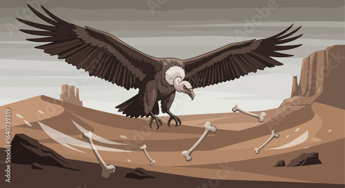Cartoon vulture soaring above desert landscape with scattered animal bones on a gloomy day