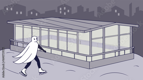 A solitary figure in a ghost costume skates across a snowy landscape towards a modern glass building at dusk