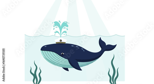 Cartoon Whale With Captain Hat Underwater Illustration For Kids Material