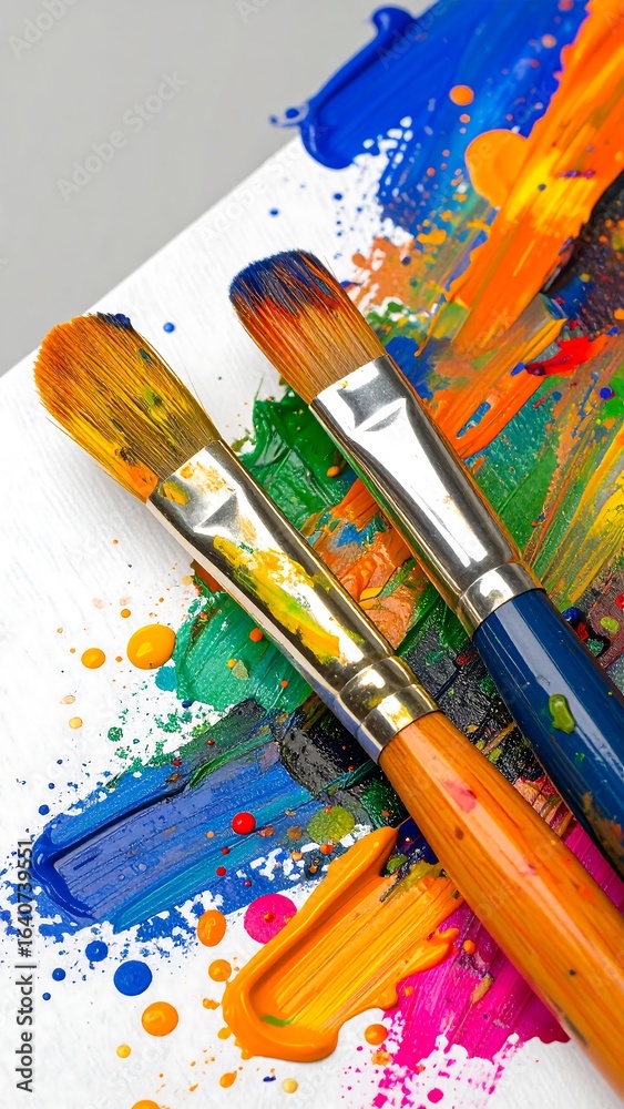 Fototapeta premium Colorful paint brushes on vibrant artwork