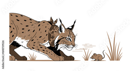 Cartoonish Lynx Ready To Pounce on A Small Mouse In The Wild