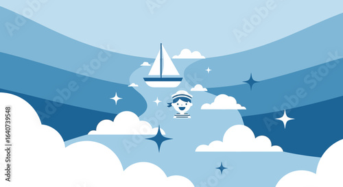 Cartoonish Sailor Navigating a Wavy Sky with Clouds and Stars Illustration