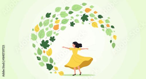 Celebrating Autumnal Equinox Joyful Woman Dancing With Falling Leaves Design