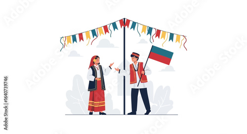Celebrating cultural heritage with traditional attire and a flag, showcasing unity and pride in ethnicity and folklore, national celebration