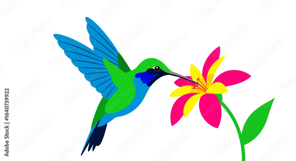 Obraz premium Colorful Hummingbird Extracting Nectar From Exotic Flower In Full Flight Design