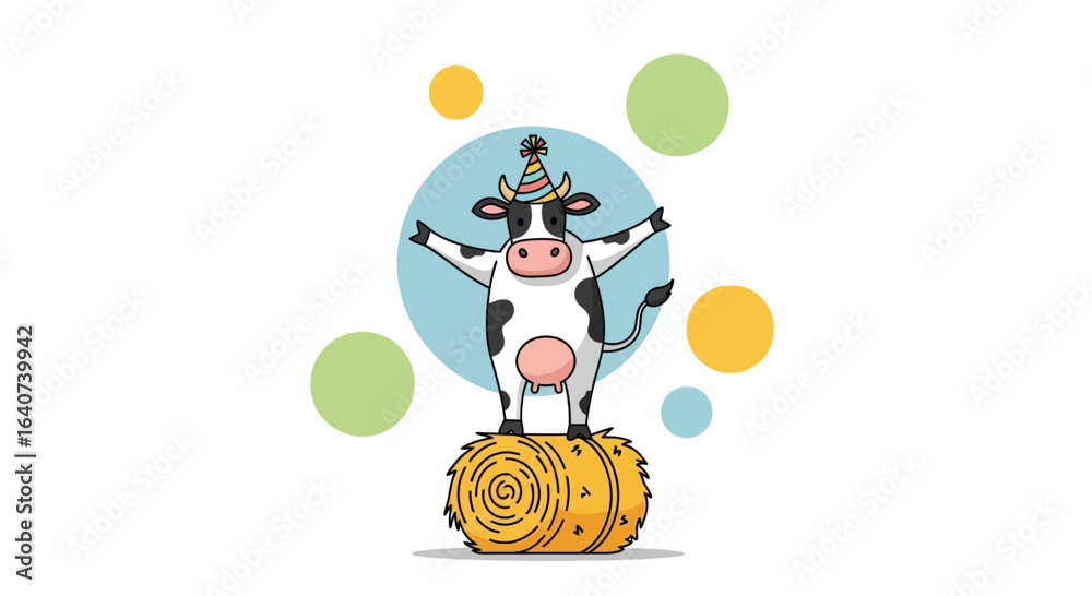 Fototapeta premium Celebration Cow On A Hay Bale Vector Illustration Design For Kid Invitations