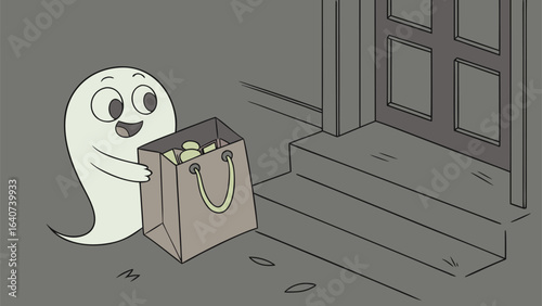 A friendly cartoon ghost is happily holding a treat bag filled with goodies in front of a house door ready for halloween trick or treating