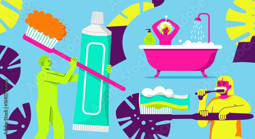 Colorful illustration of people performing daily hygiene routines and bathing habits