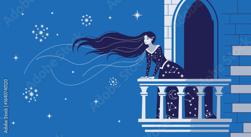 Celestial Solitude Awaits On Balcony Beneath Starlit Skies and Moonlit Vigil