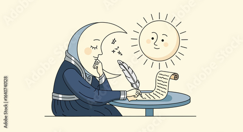 Celestial Scribe: The moon pens tales under the sun's watchful gaze in vector art