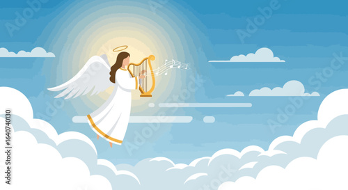 Celestial Serenade An Angel Playing Harp On Clouds In Blue Sky Vector Illustration