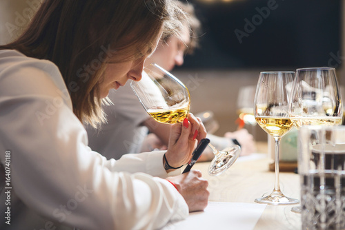 Female sommelier examination to get certificate professional work of winemaking. Sommelier degustate wine.