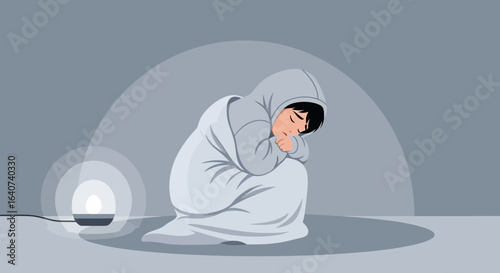 Conceptual illustration of a depressed person, wrapped in a blanket under dim light, loneliness and sadness visual representation