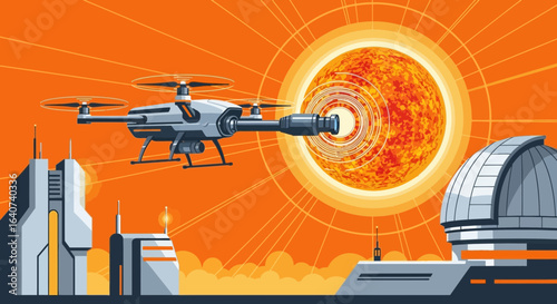 Conceptual illustration of a drone equipped with telescope analyzing the sun from an observatory