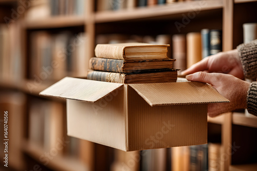Hands Carrying Cardboard Box with Vintage Books in Library Setting