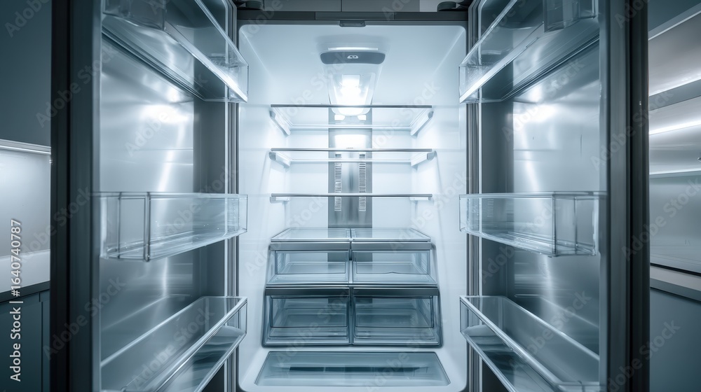 Fototapeta premium Empty Refrigerator with Shelves and Drawers Illuminated by Interior Lights Ready for Stocking Groceries