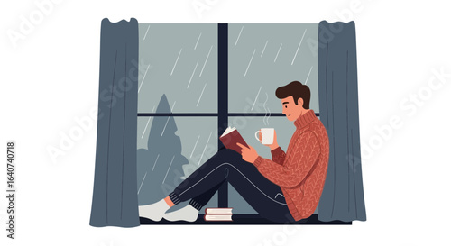 Cozy rainy day scene: A man reading a book and drinking coffee by the window home