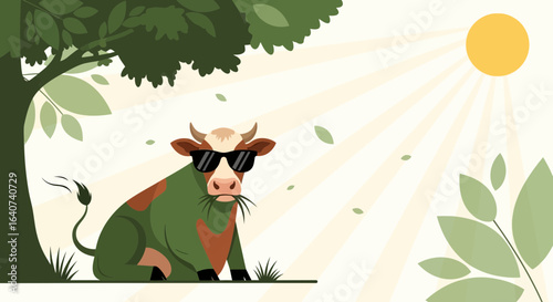 Cool Cow Enjoying Sunshine Under Tree Vector Illustration for Summer