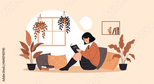 Cozy Reading Nook A Young Woman Enjoys a Book Surrounded by Plants