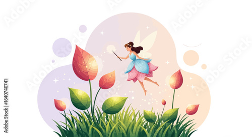 Charming Fairy Flitting Through a Mystical Garden Illustration Design For Prints