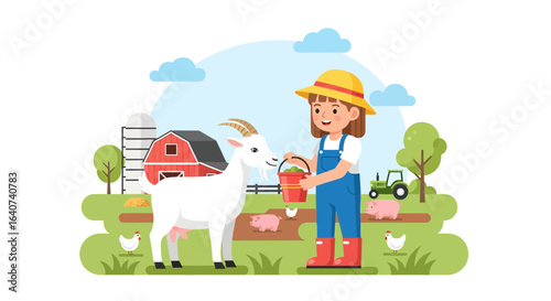 Charming Farm Scene With Girl Feeding a Goat On A Sunny Countryside Day