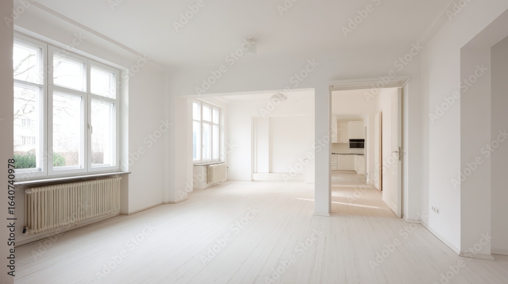 Fototapeta premium Bright, Spacious and Empty Apartment Interior with Natural Light, Ready for Renovation or New Occupancy