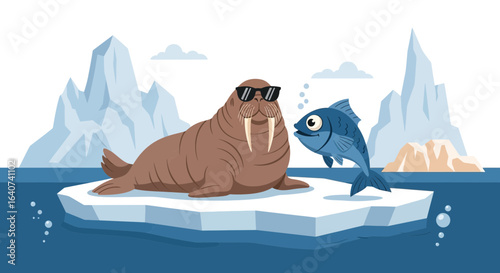 Cool Walrus Relaxing On Iceberg In Sunglasses Near Fish In Arctic