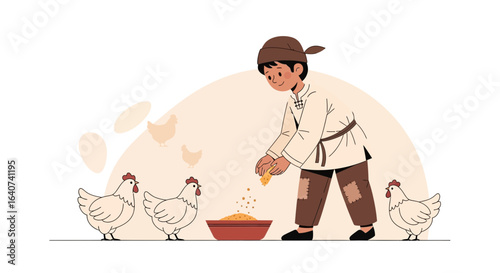 Countryside Boy Feeding Chickens Offering Grains in an Agriculture Scenario