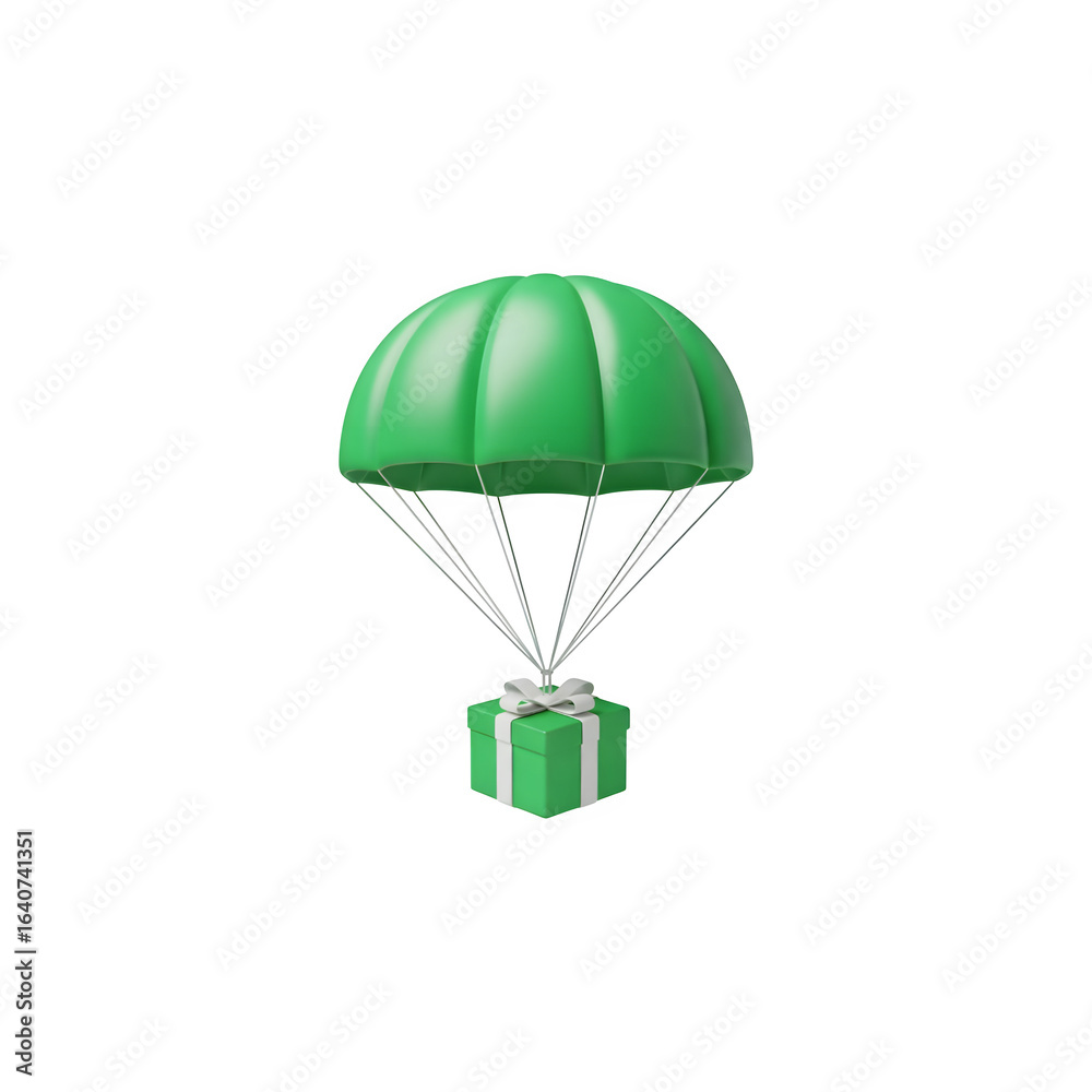 Obraz premium Green parachute delivering a green gift box with white ribbon present delivery