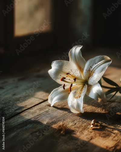 Elegant White Lily Blooming on Rustic Wooden Surface in Soft Light