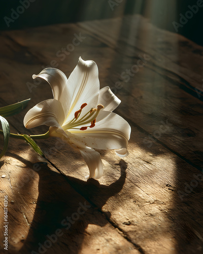 Elegant Lily Flower on Rustic Wooden Surface with Light Rays