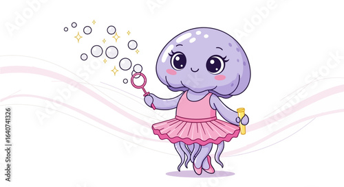 Charming jellyfish ballerina blowing bubbles with cute eyes and a pink tutu dress