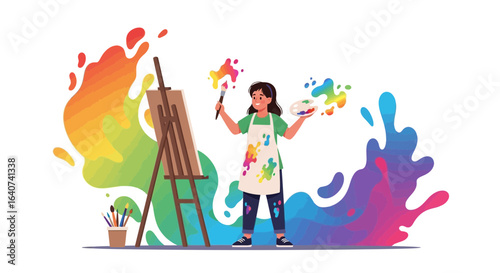 Creative artist painting vibrant artwork with easel and colorful splashes illustration