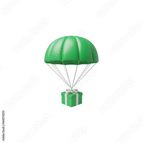 Green parachute delivering a green gift box with white ribbon present delivery