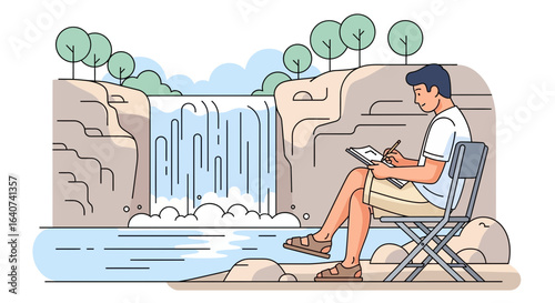 Creative Artist Painting Waterfall Scenery On Canvas On Location Outdoor Nature View