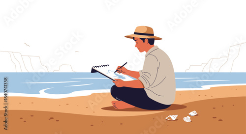 Creative Beach Escape Young Artist Drawing Seascape Serene Coastal Scenery