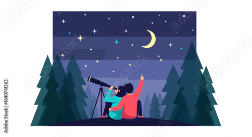 Couple Enjoying Night Sky Star Gazing Through a Telescope in Nature