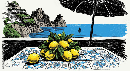 A colorful illustration of fresh lemons on a tiled table under an umbrella, overlooking the Italian coast.