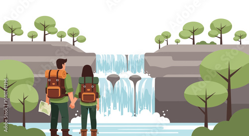 Couple Enjoying Nature Together Hiking To The Scenic Waterfall Landscape